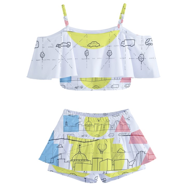 Urban City Skyline Sketch Kids  Off Shoulder Skirt Bikini