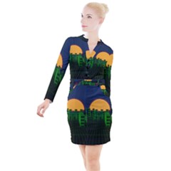 Neon City Retro Grid 80s Button Long Sleeve Dress by Pakrebo