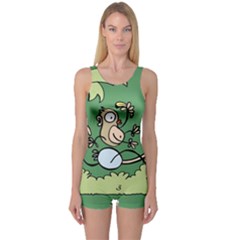 Ostrich Jungle Monkey Plants One Piece Boyleg Swimsuit