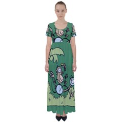 Ostrich Jungle Monkey Plants High Waist Short Sleeve Maxi Dress