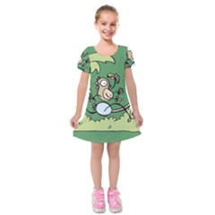 Ostrich Jungle Monkey Plants Kids  Short Sleeve Velvet Dress