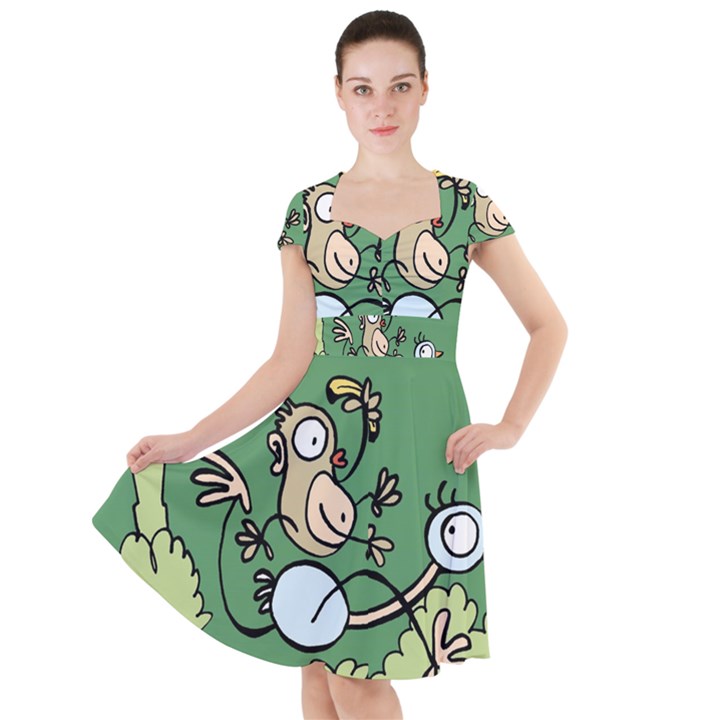 Ostrich Jungle Monkey Plants Cap Sleeve Midi Dress