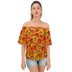 Brilliant Orange And Yellow Daisies Off Shoulder Short Sleeve Top