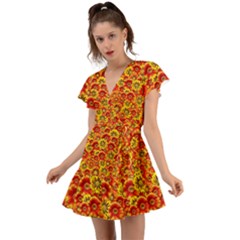 Brilliant Orange And Yellow Daisies Flutter Sleeve Wrap Dress