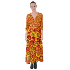 Brilliant Orange And Yellow Daisies Button Up Maxi Dress