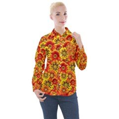 Brilliant Orange And Yellow Daisies Women s Long Sleeve Pocket Shirt