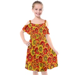 Brilliant Orange And Yellow Daisies Kids  Cut Out Shoulders Chiffon Dress