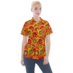 Brilliant Orange And Yellow Daisies Women s Short Sleeve Pocket Shirt