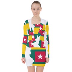 Togo Flag Map Geography Outline V-neck Bodycon Long Sleeve Dress