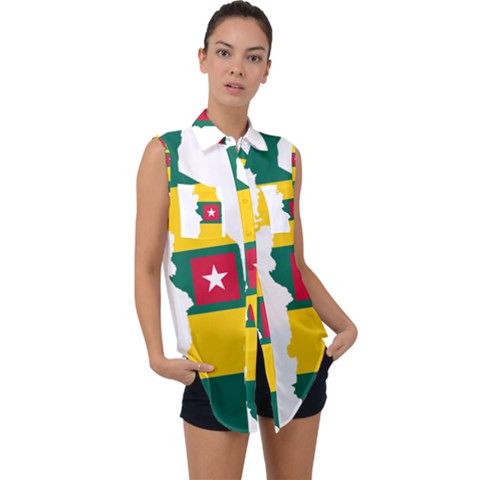 Togo Flag Map Geography Outline Sleeveless Chiffon Button Shirt by Sapixe