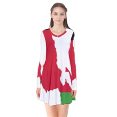 Malawi Flag Map Geography Outline Long Sleeve V-neck Flare Dress