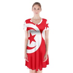Tunisia Flag Map Geography Outline Short Sleeve V-neck Flare Dress