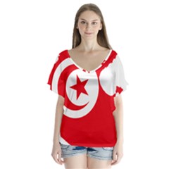 Tunisia Flag Map Geography Outline V-Neck Flutter Sleeve Top