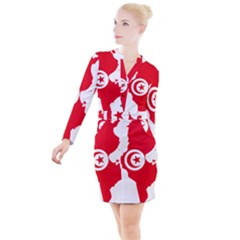 Tunisia Flag Map Geography Outline Button Long Sleeve Dress