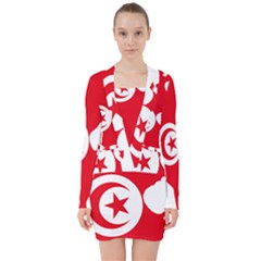 Tunisia Flag Map Geography Outline V-neck Bodycon Long Sleeve Dress