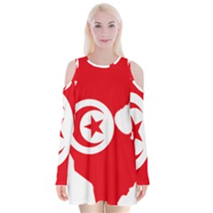Tunisia Flag Map Geography Outline Velvet Long Sleeve Shoulder Cutout Dress