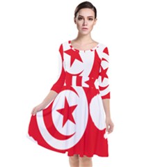 Tunisia Flag Map Geography Outline Quarter Sleeve Waist Band Dress
