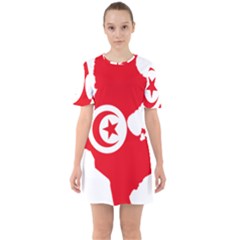 Tunisia Flag Map Geography Outline Sixties Short Sleeve Mini Dress by Sapixe