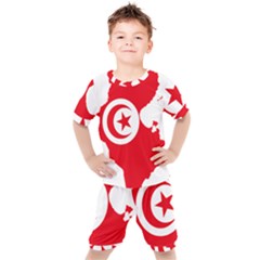 Tunisia Flag Map Geography Outline Kids  Tee and Shorts Set