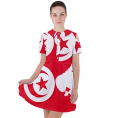 Tunisia Flag Map Geography Outline Short Sleeve Shoulder Cut Out Dress 