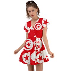 Tunisia Flag Map Geography Outline Flutter Sleeve Wrap Dress