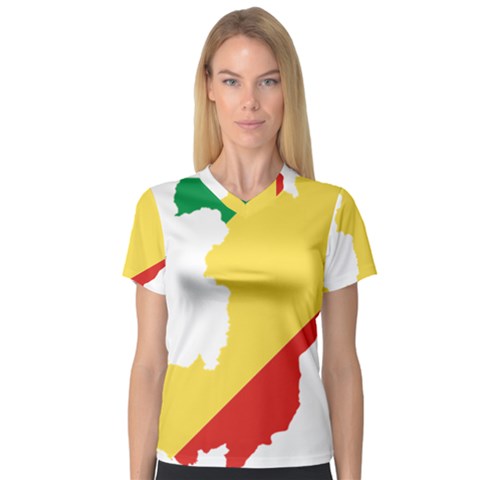 Congo Flag Map Geography Outline V-neck Sport Mesh Tee by Sapixe