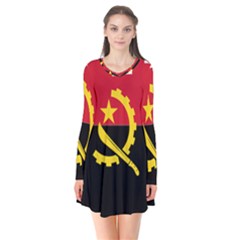 Angola Flag Map Geography Outline Long Sleeve V-neck Flare Dress by Sapixe