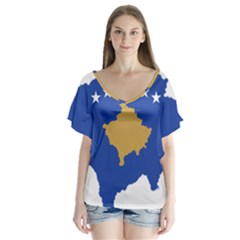 Kosovo Country Europe Flag Borders V-neck Flutter Sleeve Top