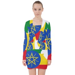 Ethiopia Flag Map Geography V-neck Bodycon Long Sleeve Dress by Sapixe