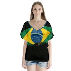 Flag Brazil Country Symbol V-neck Flutter Sleeve Top by Sapixe