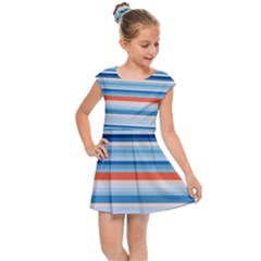 Blue And Coral Stripe 2 Kids  Cap Sleeve Dress