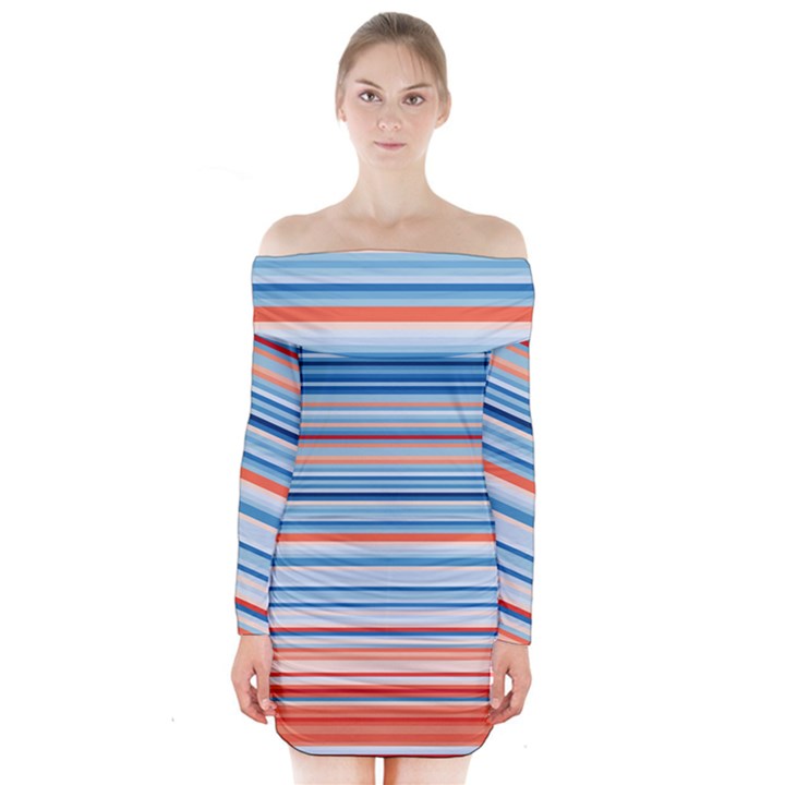 Blue And Coral Stripe 2 Long Sleeve Off Shoulder Dress