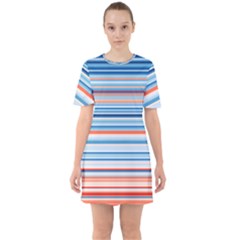 Blue And Coral Stripe 2 Sixties Short Sleeve Mini Dress
