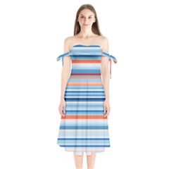Blue And Coral Stripe 2 Shoulder Tie Bardot Midi Dress