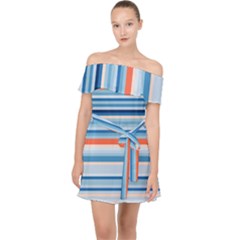 Blue And Coral Stripe 2 Off Shoulder Chiffon Dress