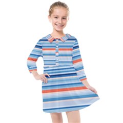 Blue And Coral Stripe 2 Kids  Quarter Sleeve Shirt Dress