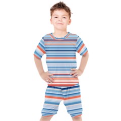 Blue And Coral Stripe 2 Kids  Tee And Shorts Set by dressshop