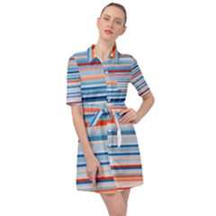 Blue And Coral Stripe 2 Belted Shirt Dress by dressshop