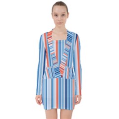 Blue And Coral Stripe 1 V-neck Bodycon Long Sleeve Dress