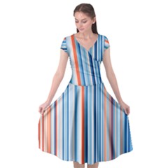 Blue And Coral Stripe 1 Cap Sleeve Wrap Front Dress