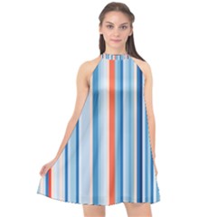 Blue And Coral Stripe 1 Halter Neckline Chiffon Dress 