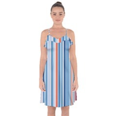 Blue And Coral Stripe 1 Ruffle Detail Chiffon Dress