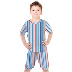 Blue And Coral Stripe 1 Kids  Tee And Shorts Set by dressshop