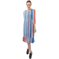 Blue And Coral Stripe 1 Ruffle End Midi Chiffon Dress
