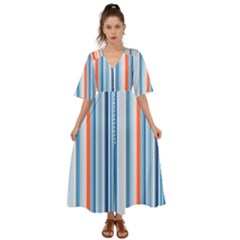 Blue And Coral Stripe 1 Kimono Sleeve Boho Dress by dressshop