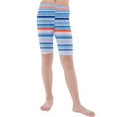 Blue And Coral Stripe 2 Kids  Mid Length Swim Shorts