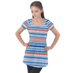 Blue And Coral Stripe 2 Puff Sleeve Tunic Top
