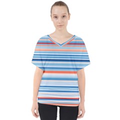 Blue And Coral Stripe 2 V-Neck Dolman Drape Top