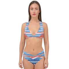 Blue And Coral Stripe 2 Double Strap Halter Bikini Set