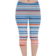 Blue And Coral Stripe 2 Velvet Capri Leggings 